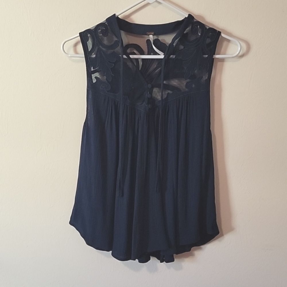 Free People Navy blue sheer lace work sleeveless tunic Size XS Host Pick